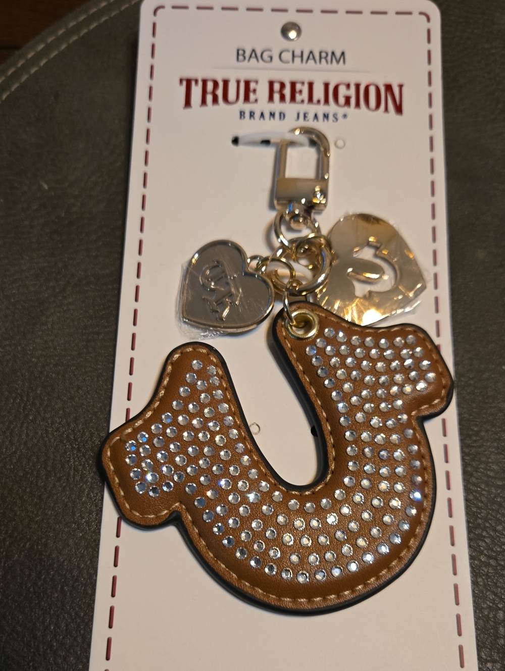True Religion Brown Crystal-Studded Horseshoe Bag Charm